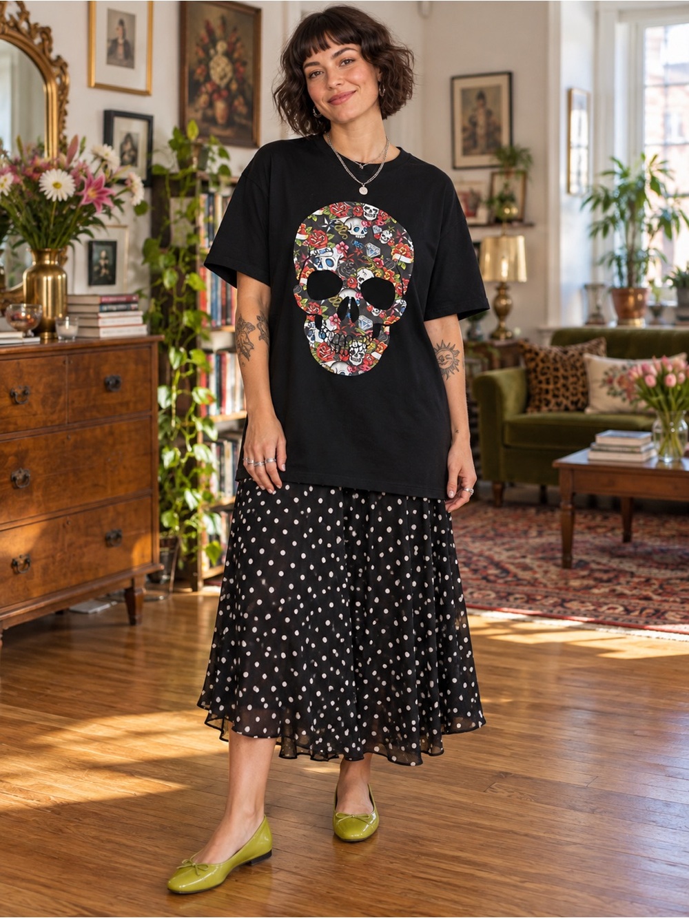 Guess Black Tattoo Skull Graphic Tee Oversized Y2K Grunge XXL